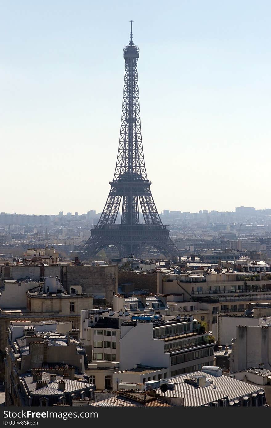 The Eiffel Tower and the Skyline of Paris, France, from the top of the Arch de Triumph