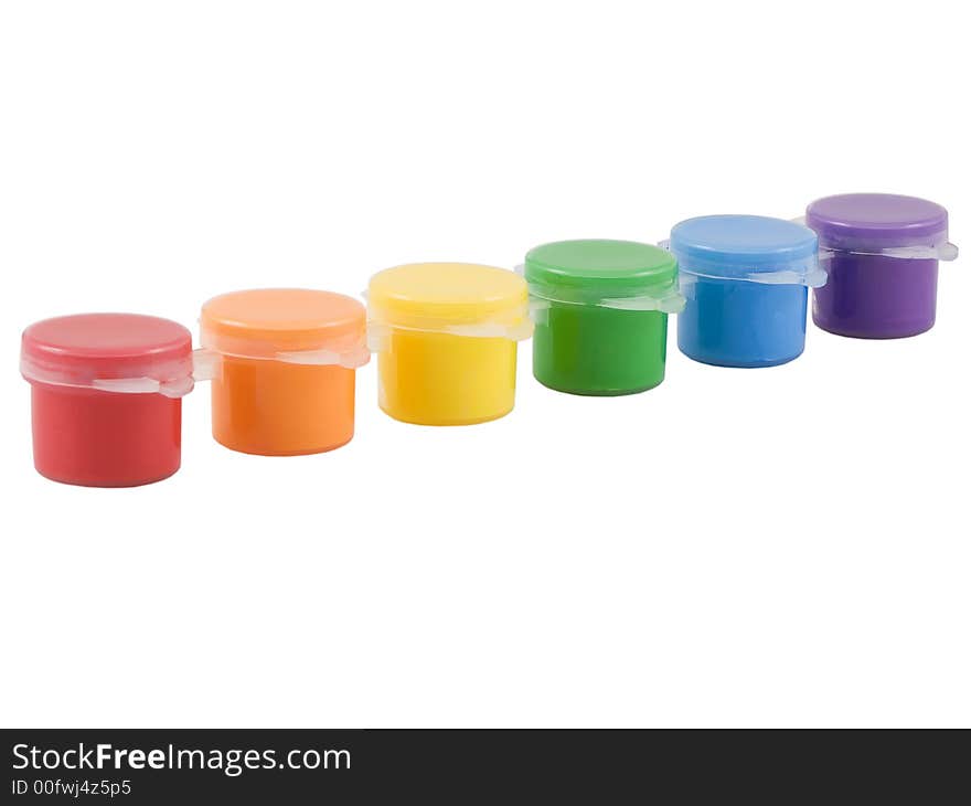 Six different colored paints isolated on white