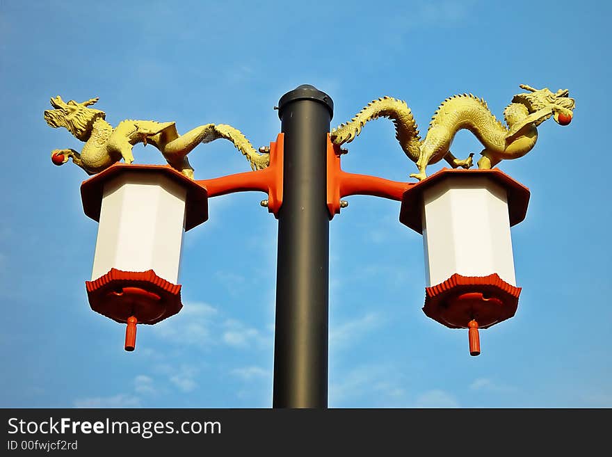 Traditional Chinese street lamp with dragons from Chicago\'s China Town. Traditional Chinese street lamp with dragons from Chicago\'s China Town