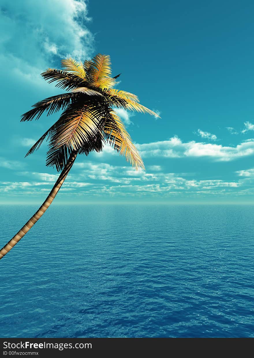 Coconut palm and blue sky with clouds - 3D scene.