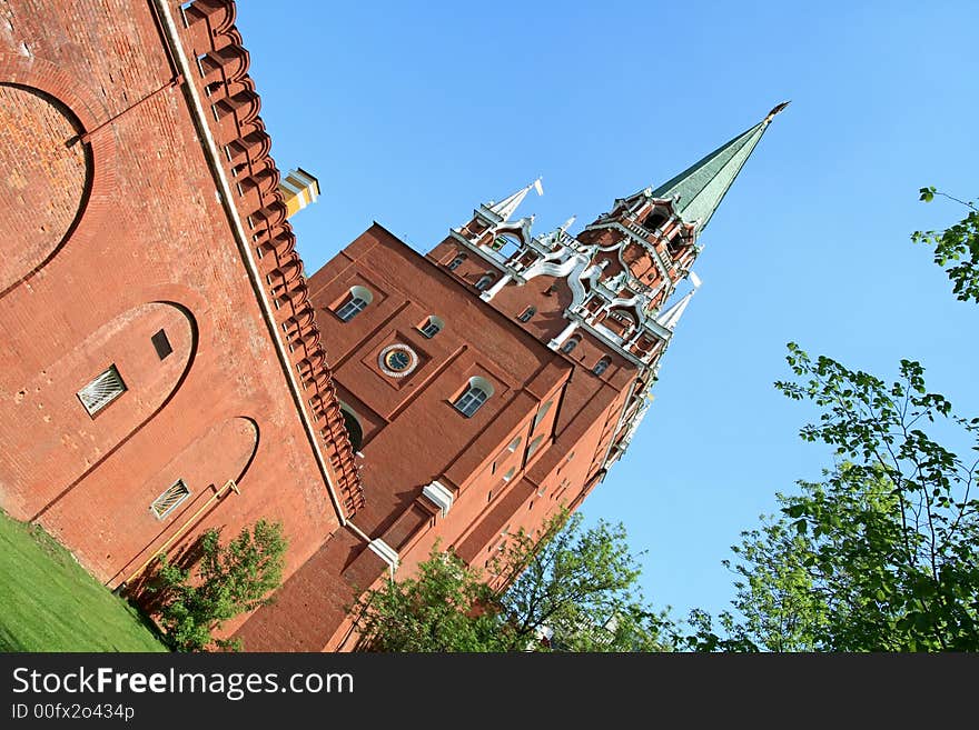 Red Troitskay tower and wall of Moscown Kremlin, Russia. Red Troitskay tower and wall of Moscown Kremlin, Russia