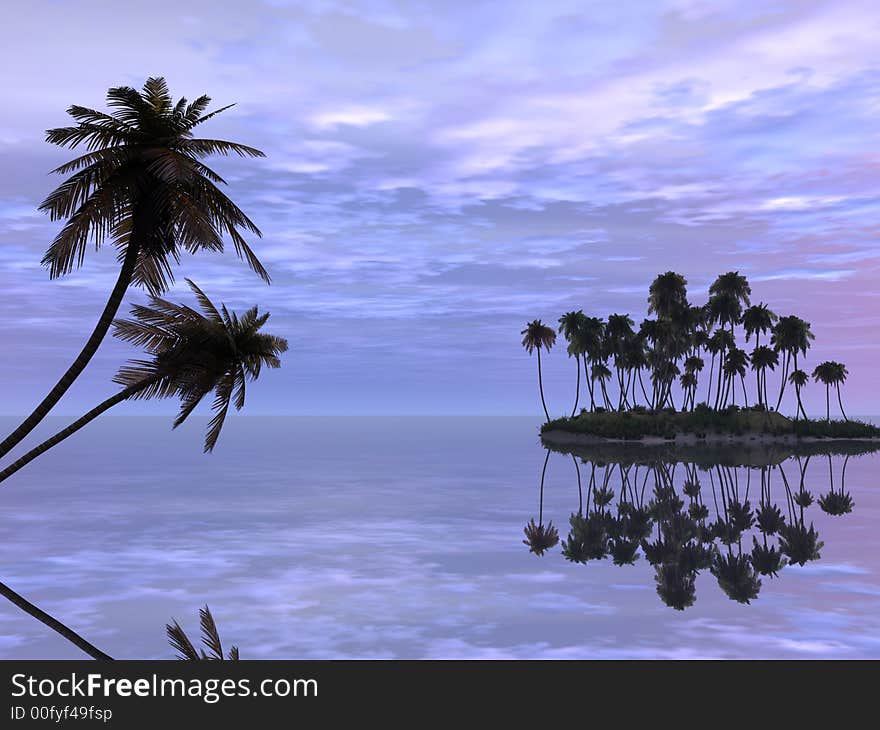 Sunset coconut palm trees on small island - 3d illustration.