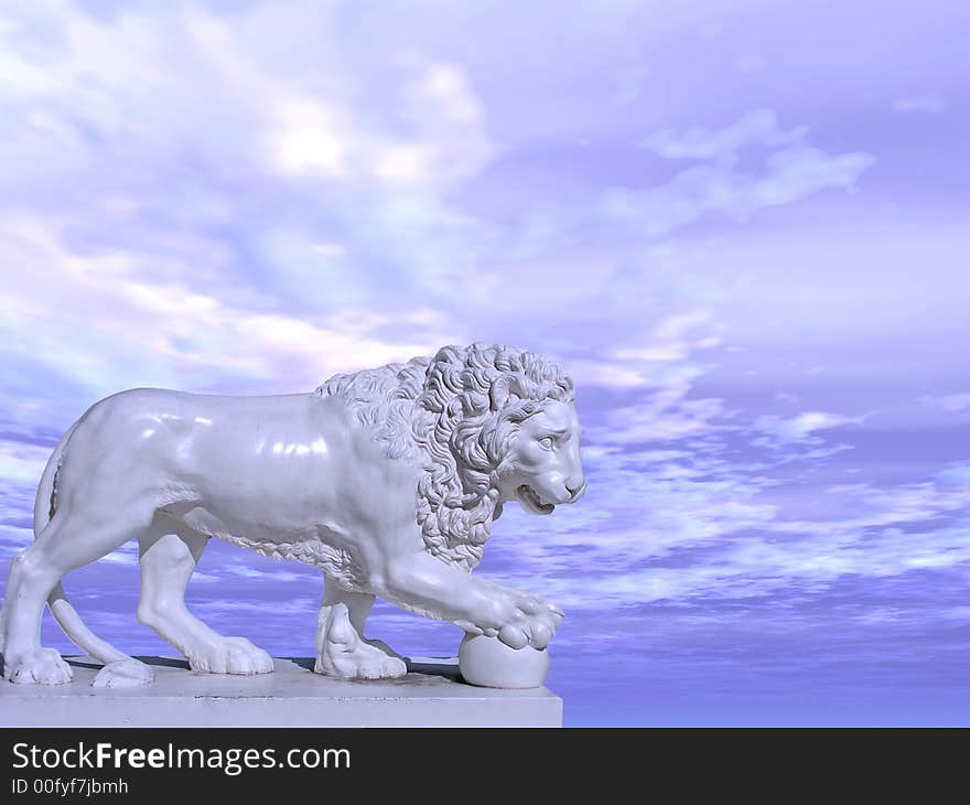 Sculpture of a white lion on a background of the blue sky