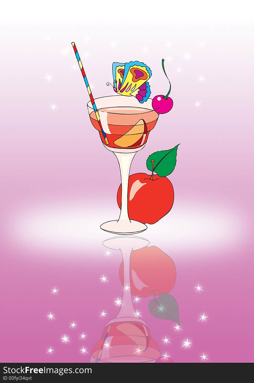 Illustration of different summer drinks on a table with pink ground. Illustration of different summer drinks on a table with pink ground