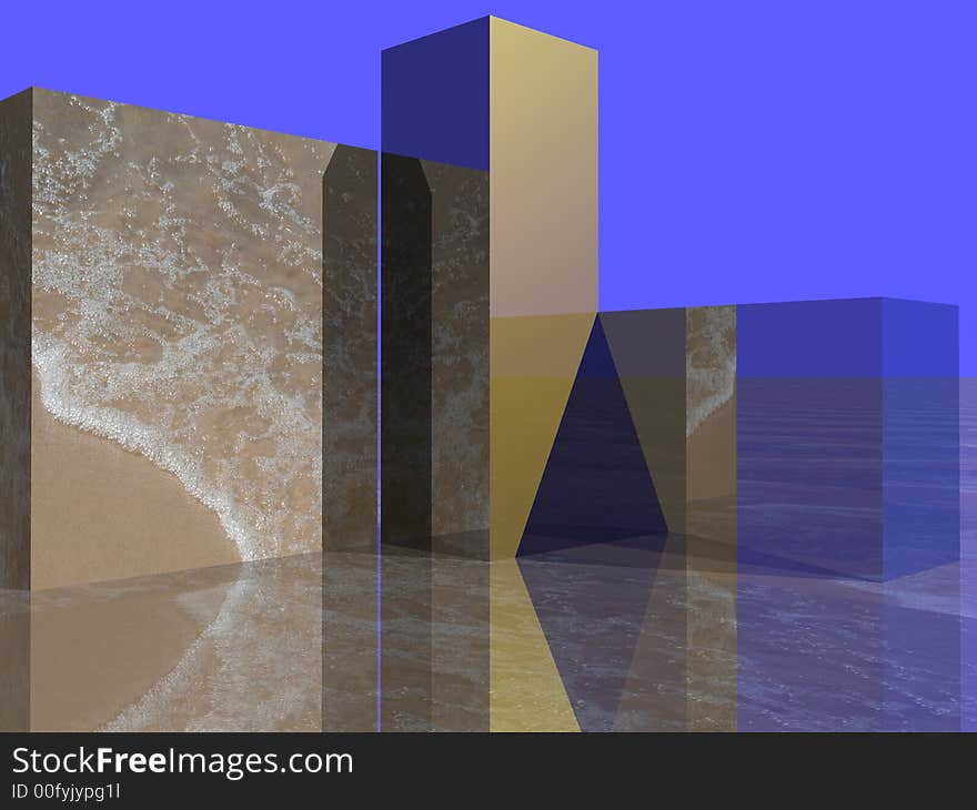 Abstract depicting images of a beach on the sides of structures that mimic office buildings. Abstract depicting images of a beach on the sides of structures that mimic office buildings