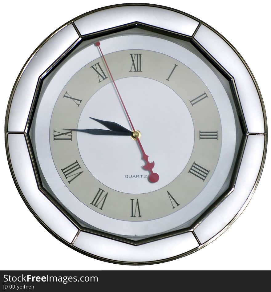 Round wall clock with roman digits and black hands