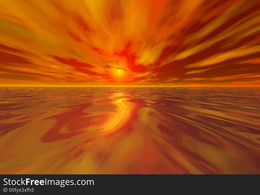 3D render of the ocean and sunset