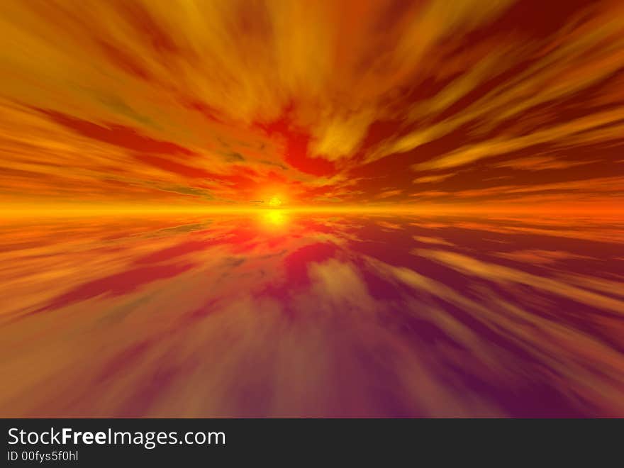 3D render of the ocean and sunset