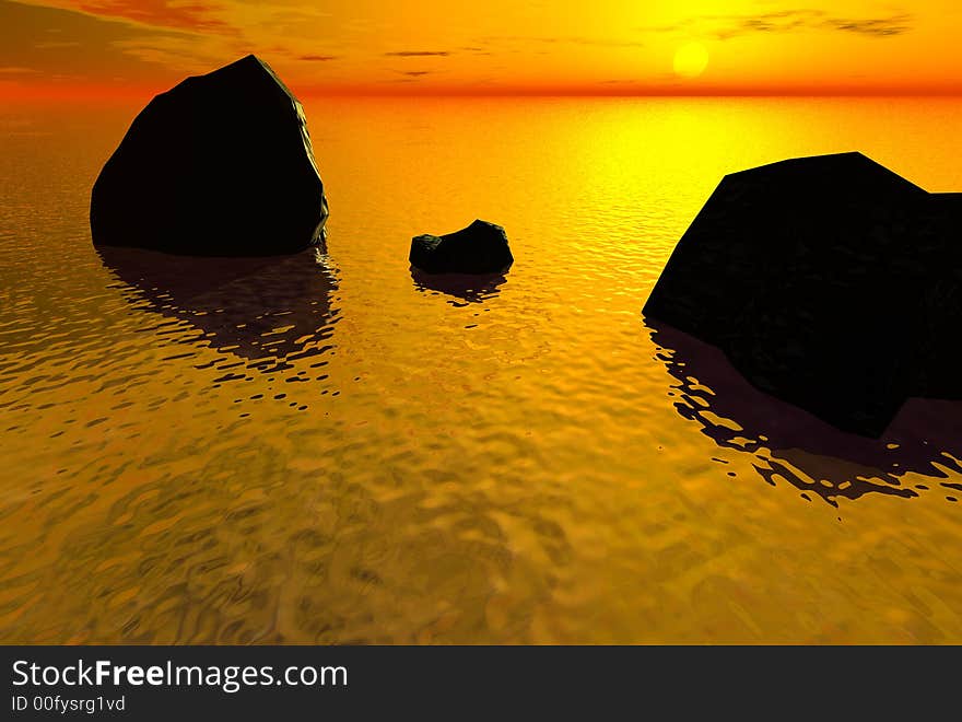 3D render of the ocean and sunset