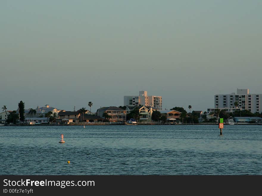 Sunset in Clearwater Florida with water and hotels visible. Sunset in Clearwater Florida with water and hotels visible