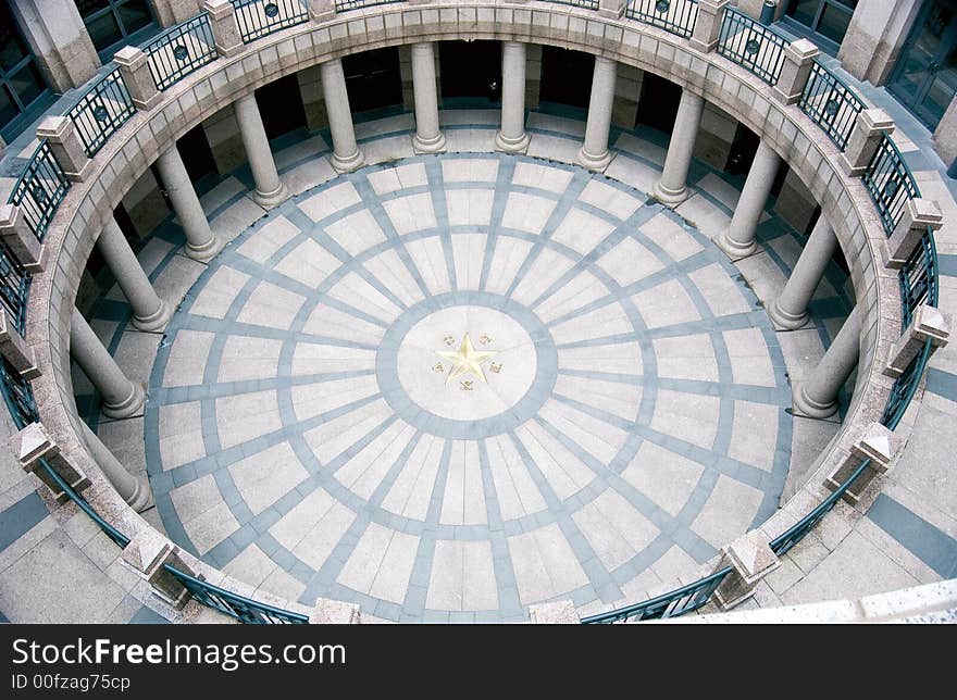 View from above of a grand outside circular foyer.