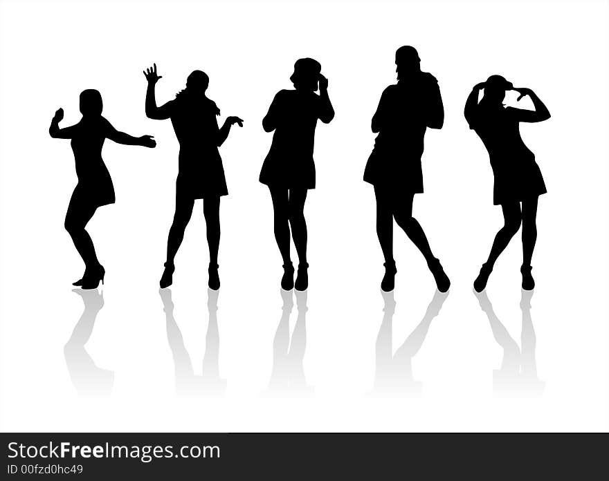 Five fashionable female silhouettes on a white background. Five fashionable female silhouettes on a white background.