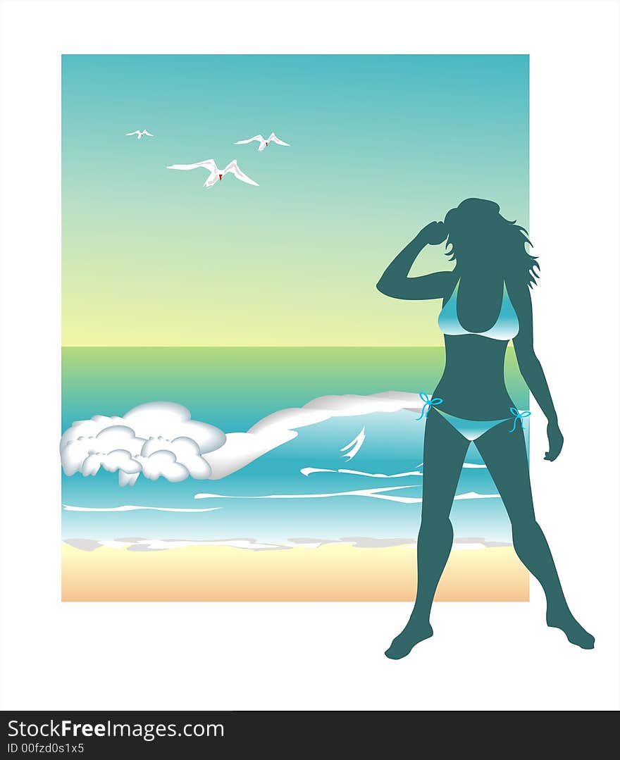 Dark silhouette of the girl on a background of sea waves, birds and a beach. Dark silhouette of the girl on a background of sea waves, birds and a beach.