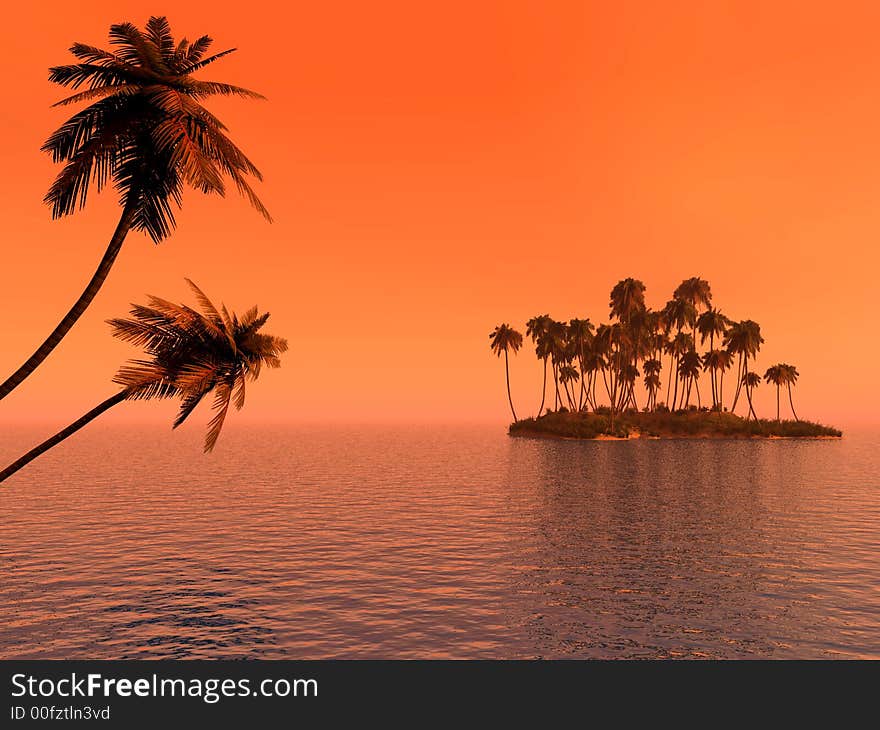 Sunset coconut palm trees on small island - 3d illustration.