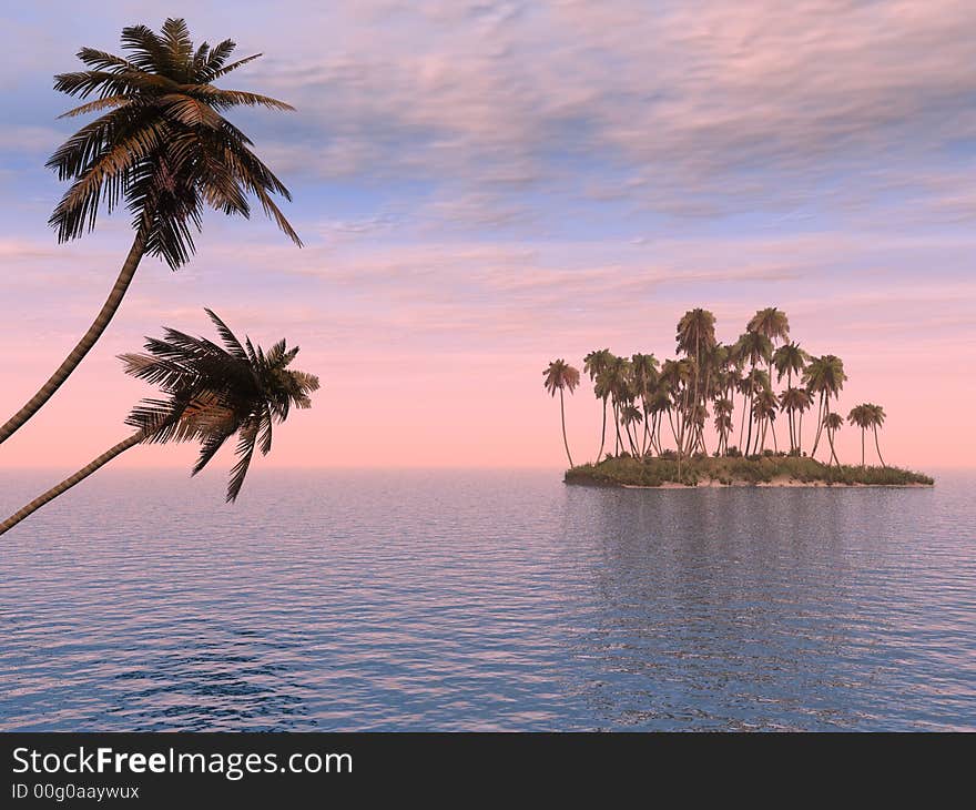 Sunset coconut palm trees on small island - 3d illustration.