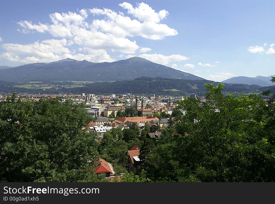 A view onto Innsbruck in Austria in summer. A view onto Innsbruck in Austria in summer