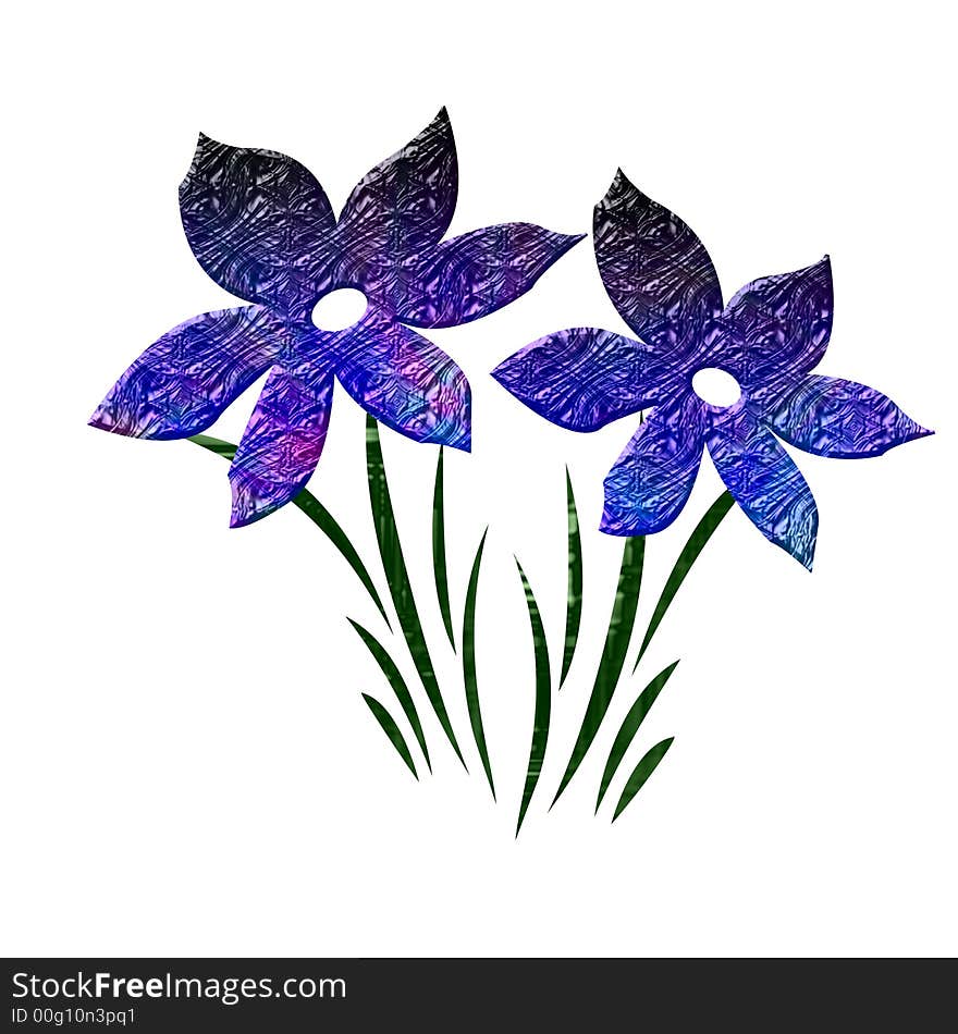 Blue textured flowers and green leaves on white