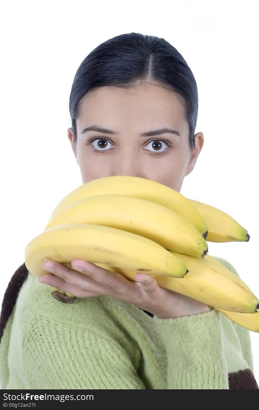 Isolated girl holding bananas in her hands. Isolated girl holding bananas in her hands