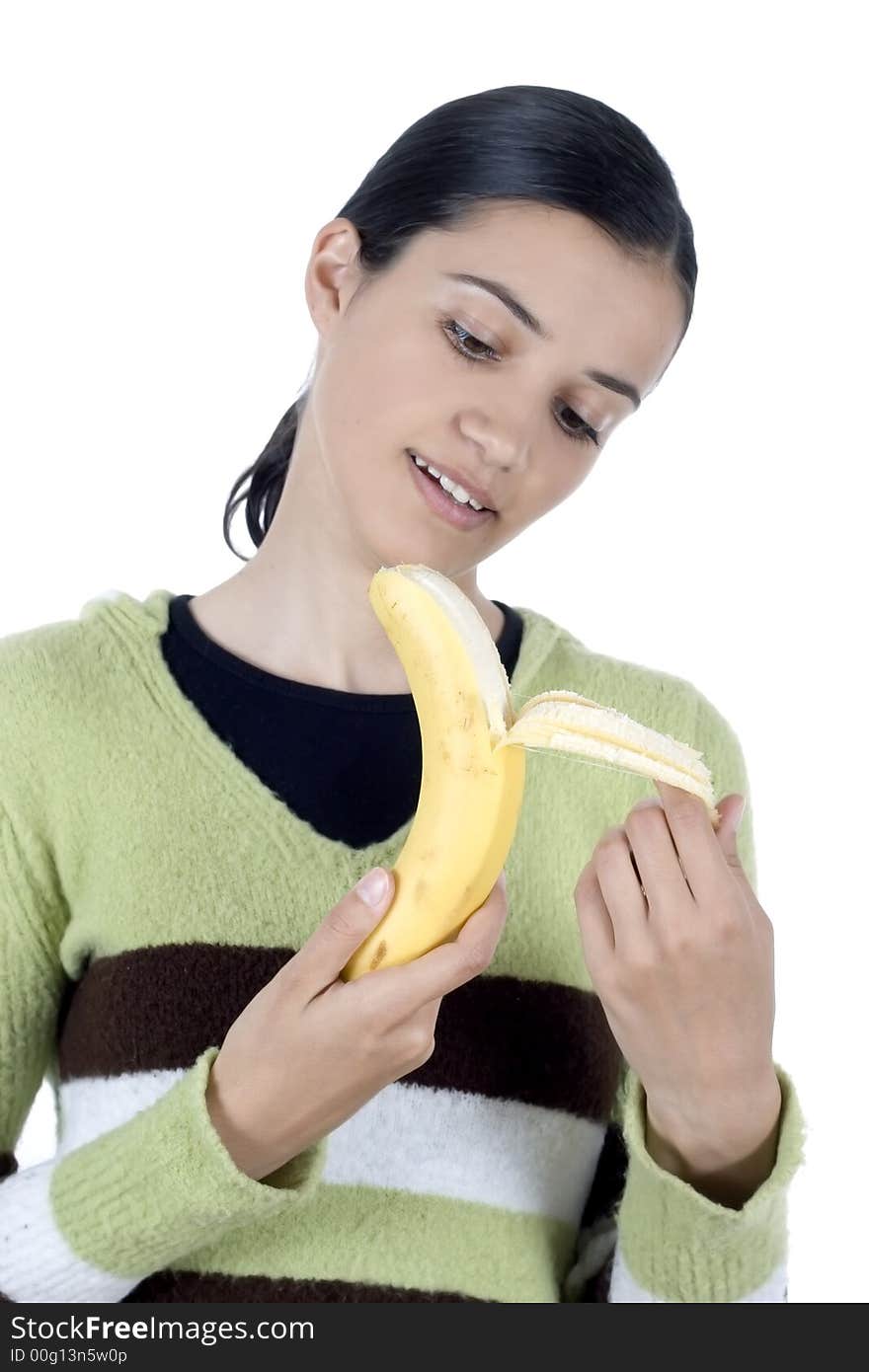 Smiling girl holding bananas in her hands. Smiling girl holding bananas in her hands