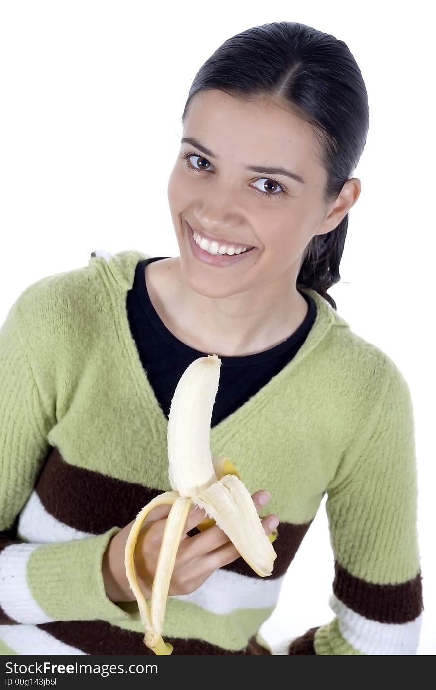 Smiling girl holding bananas in her hands. Smiling girl holding bananas in her hands