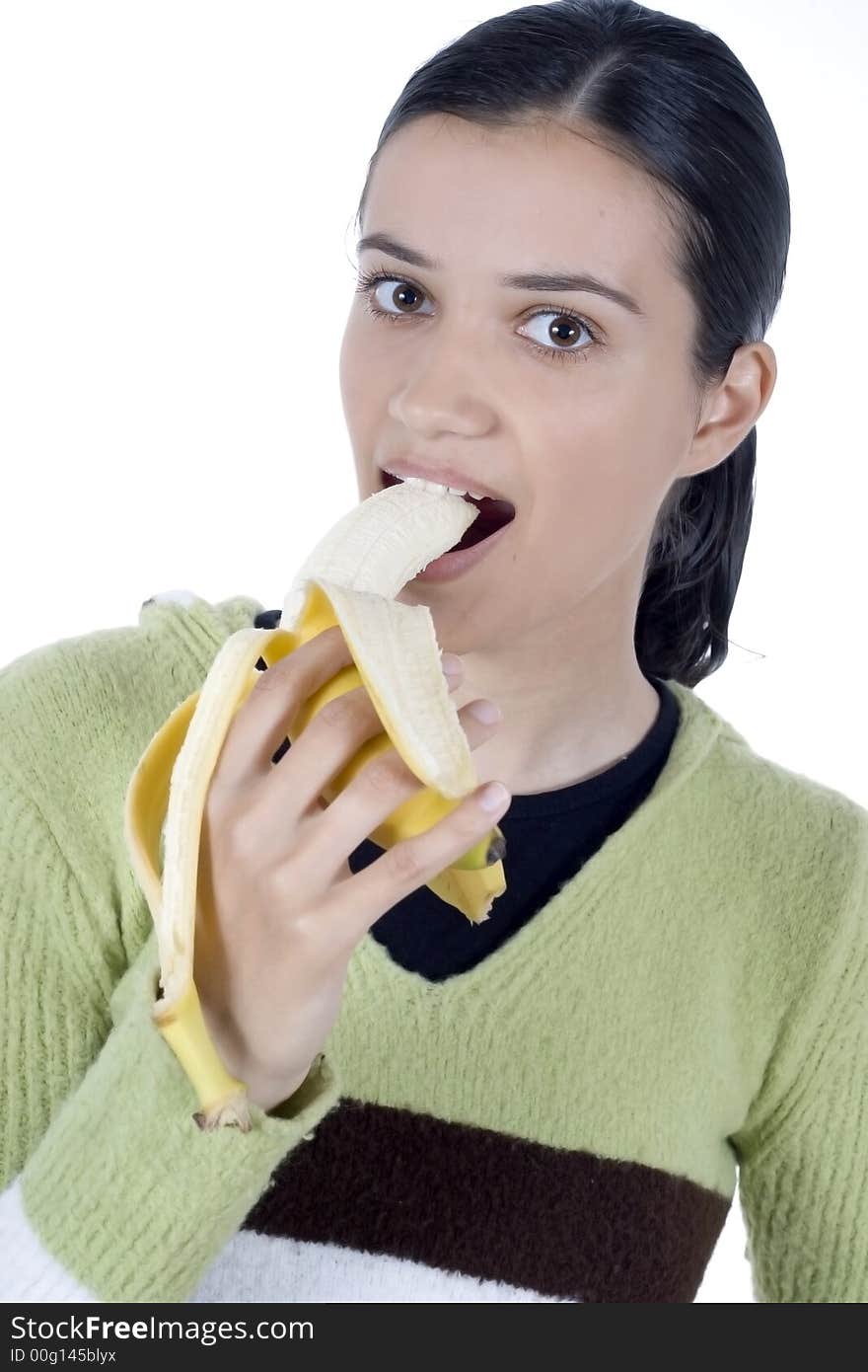 Smiling girl holding bananas in her hands. Smiling girl holding bananas in her hands