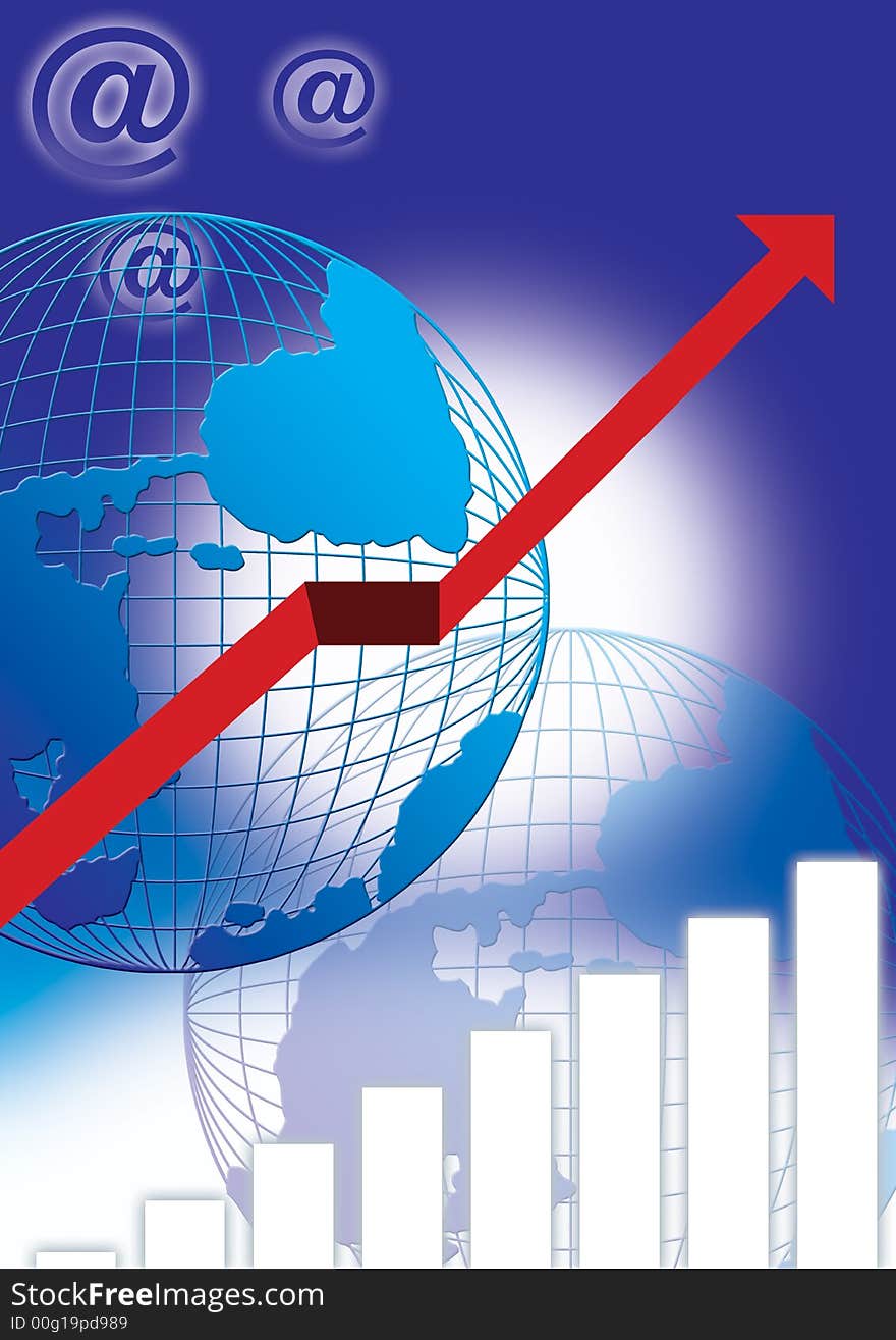 Globe in blue ground with arrow showing directions of graph. Globe in blue ground with arrow showing directions of graph