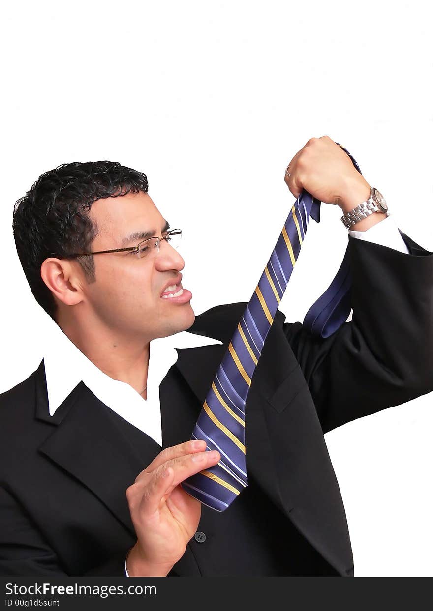 A businessman is very angry and needed something to take his 					
frustration out. On white background.