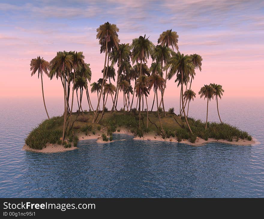 Sunset coconut palm trees on small island - 3d illustration.