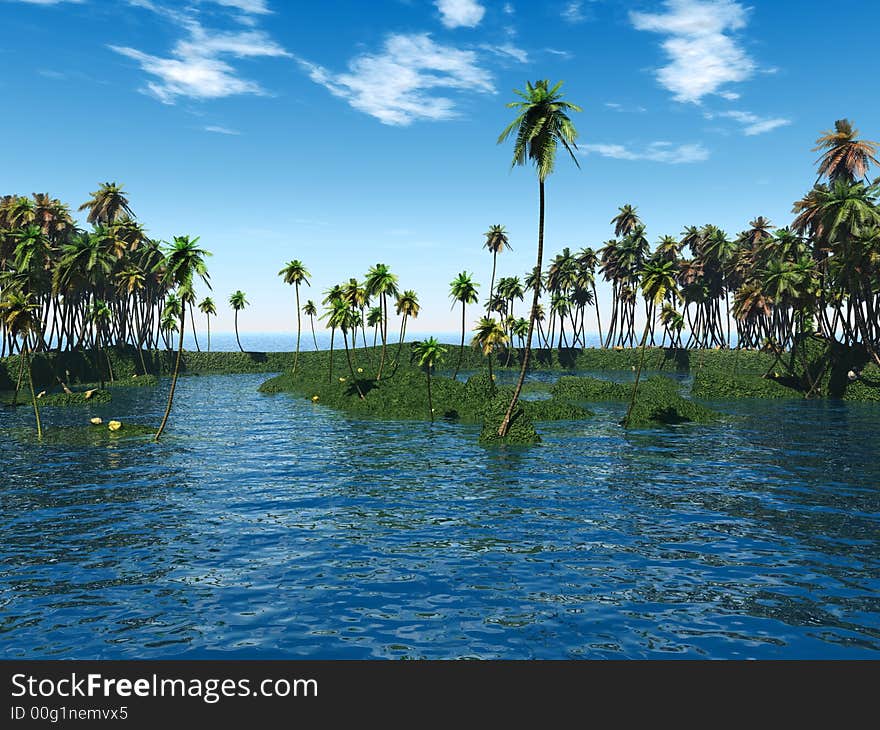 Coconut palm trees on a small island - digital artwork. Coconut palm trees on a small island - digital artwork