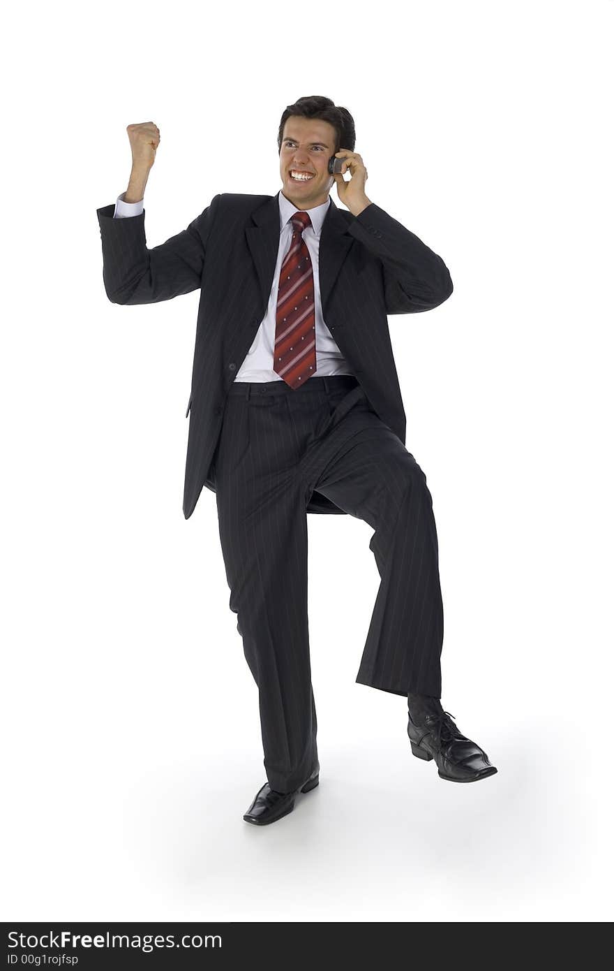 Smiling, handsome businessman. Talking by mobile phone. Expressing joy. Isolated on white in studio. Smiling, handsome businessman. Talking by mobile phone. Expressing joy. Isolated on white in studio