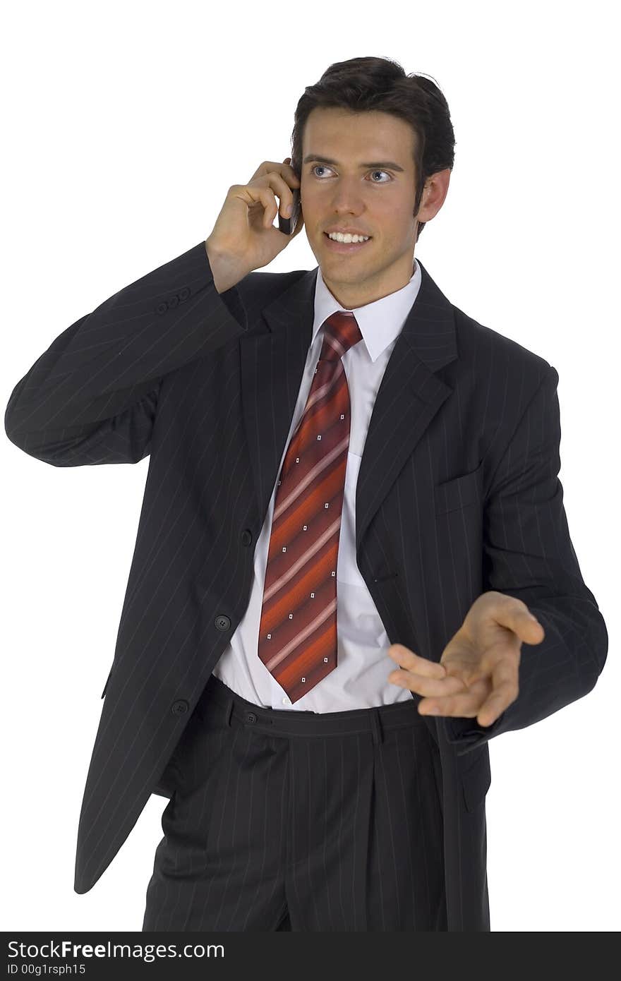 Smiling, handsome businessman. Talking by mobile phone. Explaining something. Isolated on white in studio. Smiling, handsome businessman. Talking by mobile phone. Explaining something. Isolated on white in studio