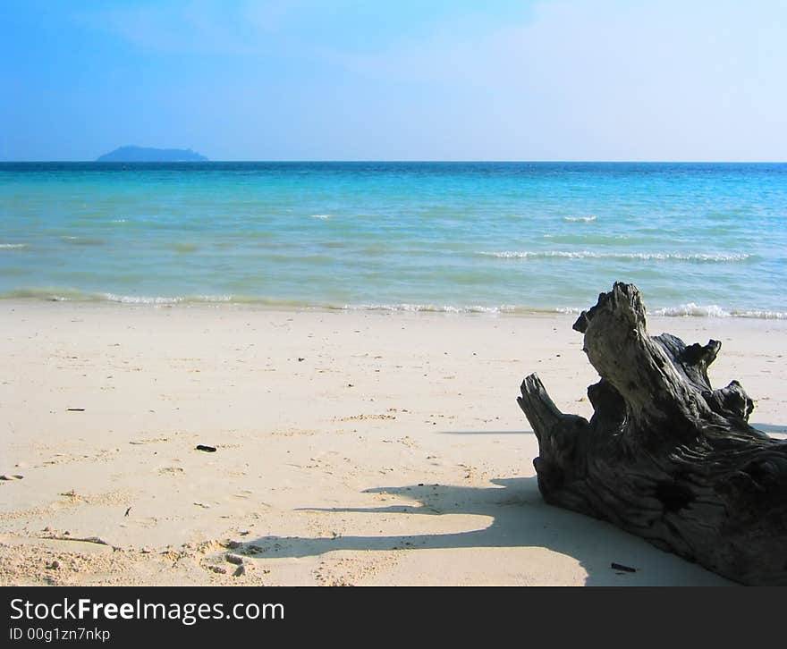 Deadwood at the beach in Laem Ton Sai, Koh Phi Phi Don, Thailand. Bamboo Island is on the horizon. The peaceful Indian ocean bathes the shore. Looks great as a desktop wallpaper. Deadwood at the beach in Laem Ton Sai, Koh Phi Phi Don, Thailand. Bamboo Island is on the horizon. The peaceful Indian ocean bathes the shore. Looks great as a desktop wallpaper.