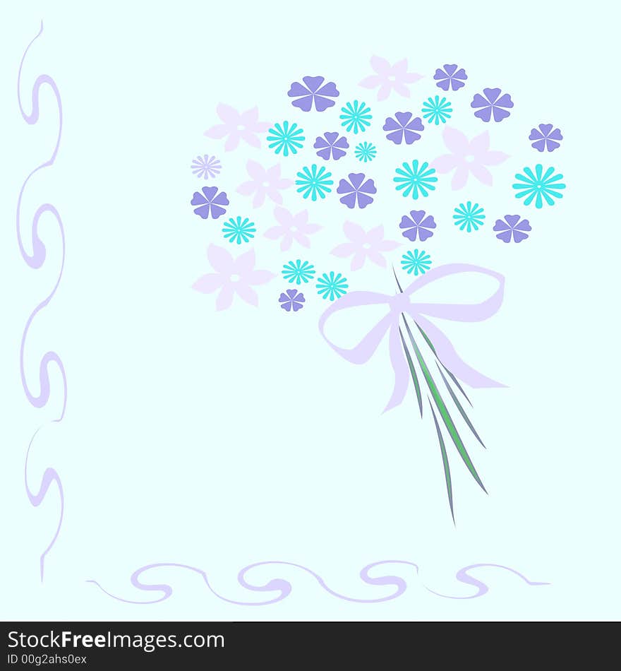 Flowers and bow bouquet on blue background. Flowers and bow bouquet on blue background