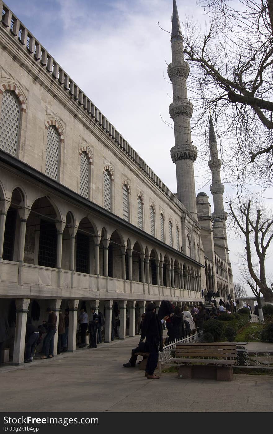 People preparing for the prayer in the courtyard of the Blue Mosque, Istanbul, Turkey. People preparing for the prayer in the courtyard of the Blue Mosque, Istanbul, Turkey.