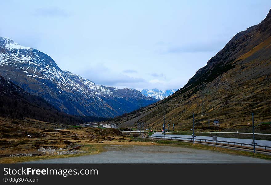 Switzerland: Piz Bernina and Alpine Valley. Switzerland: Piz Bernina and Alpine Valley