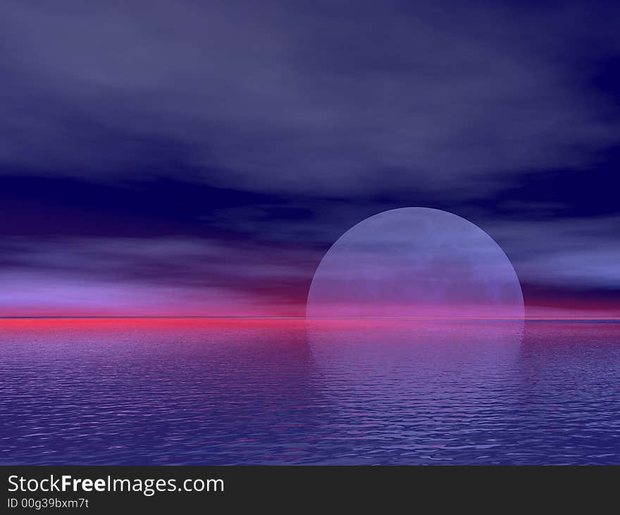 Large moon rising over water. Large moon rising over water