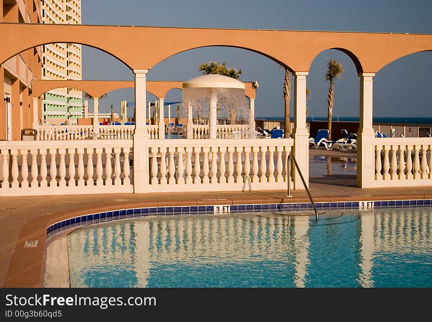 A splendid pool deck bathed in the early evening light. A splendid pool deck bathed in the early evening light.