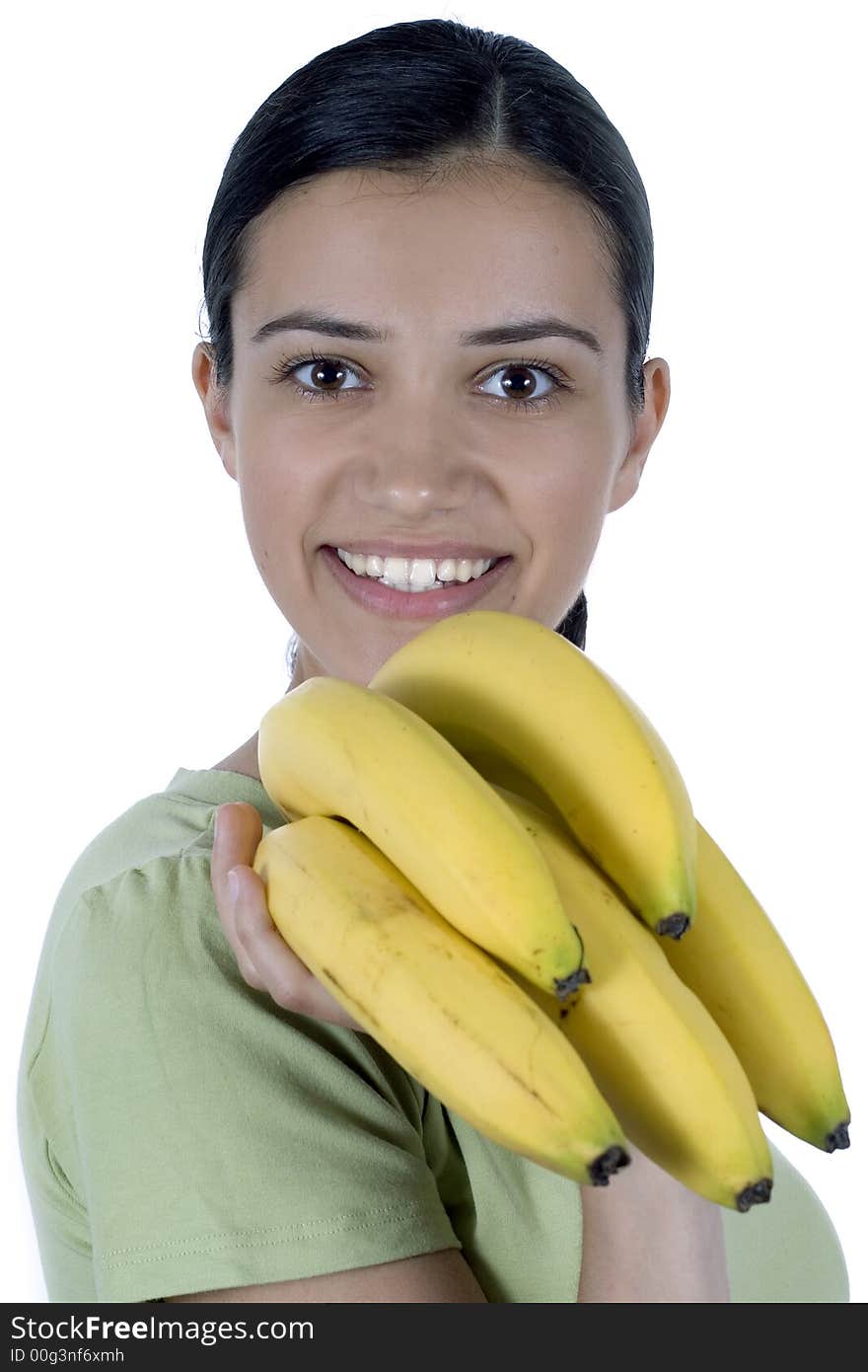 Girl holding bananas in her hand. Girl holding bananas in her hand