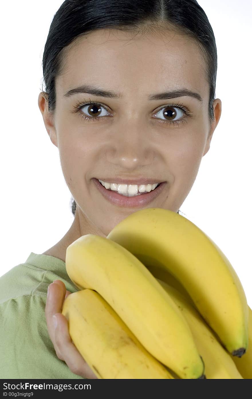 Girl holding bananas in her hand. Girl holding bananas in her hand