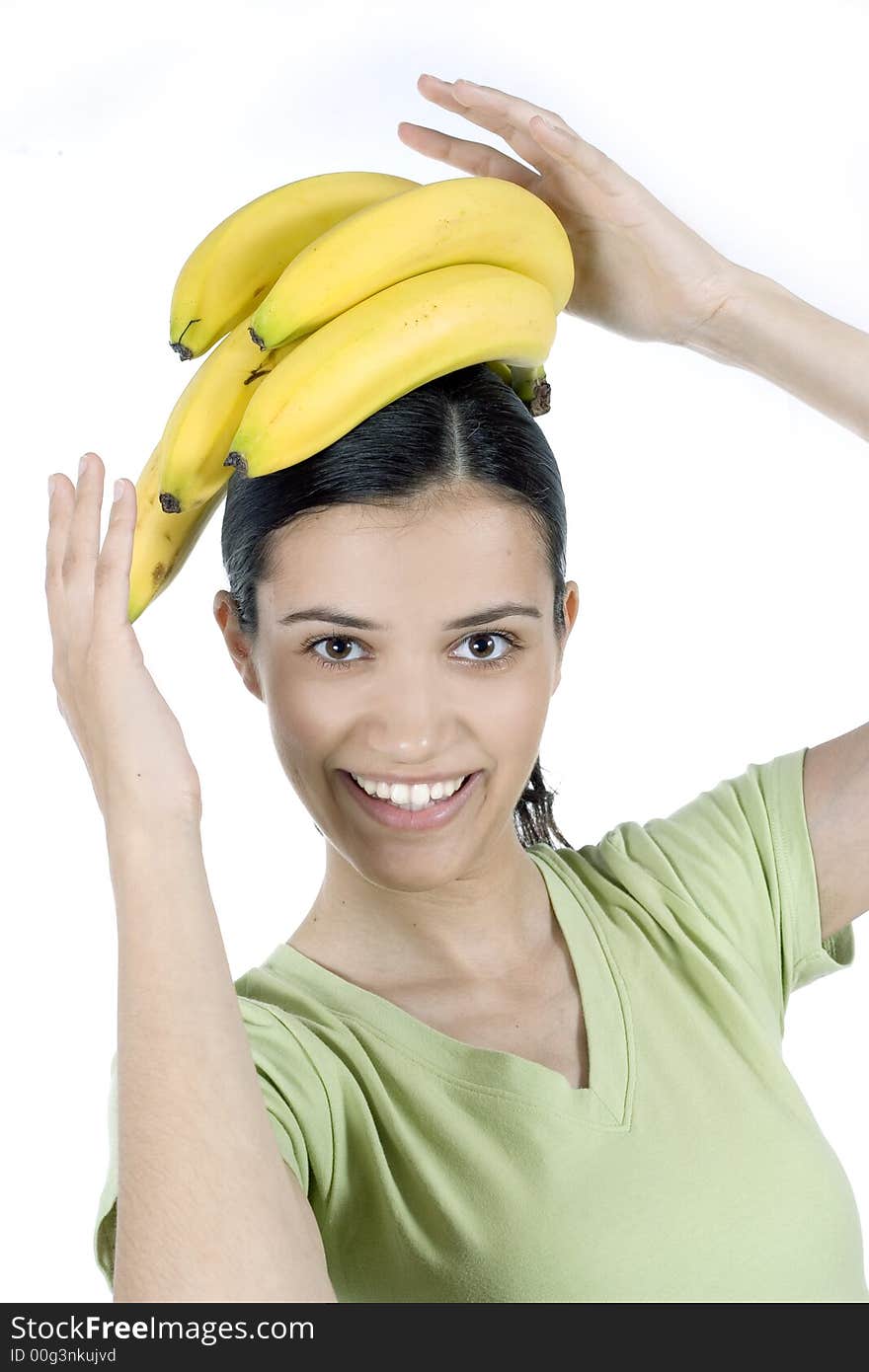 Girl holding bananas in her hand. Girl holding bananas in her hand