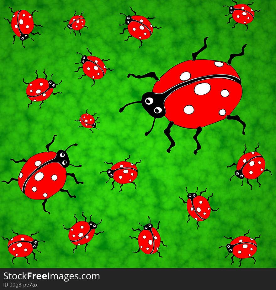 Family of ladybirds on a green lawn - graphic illustration.