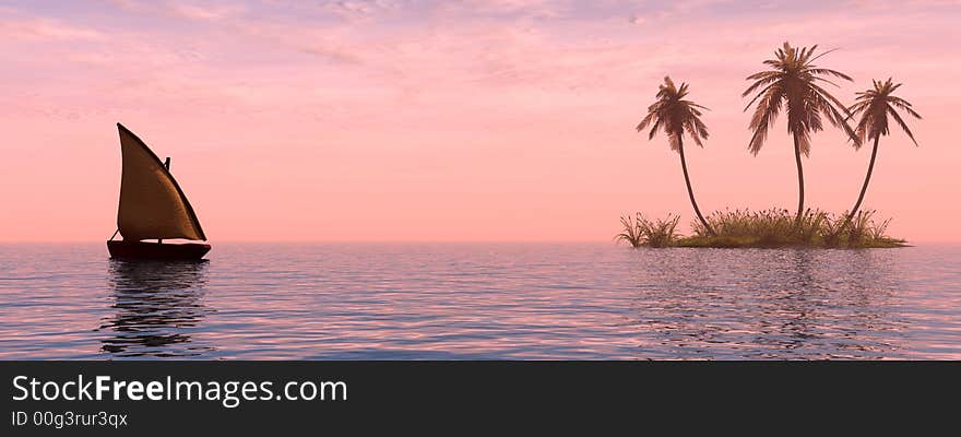 Small boat and sunset sky - 3d landscape scene .