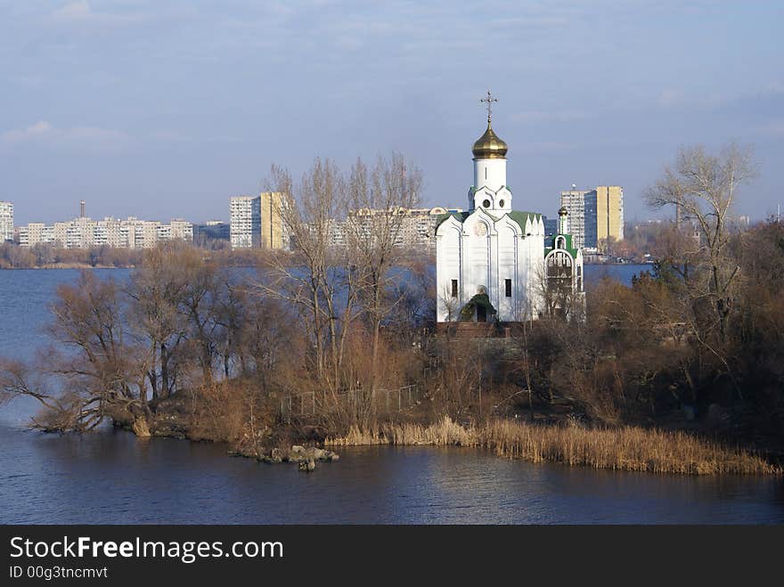 The river Dnepr and church on Monastic island