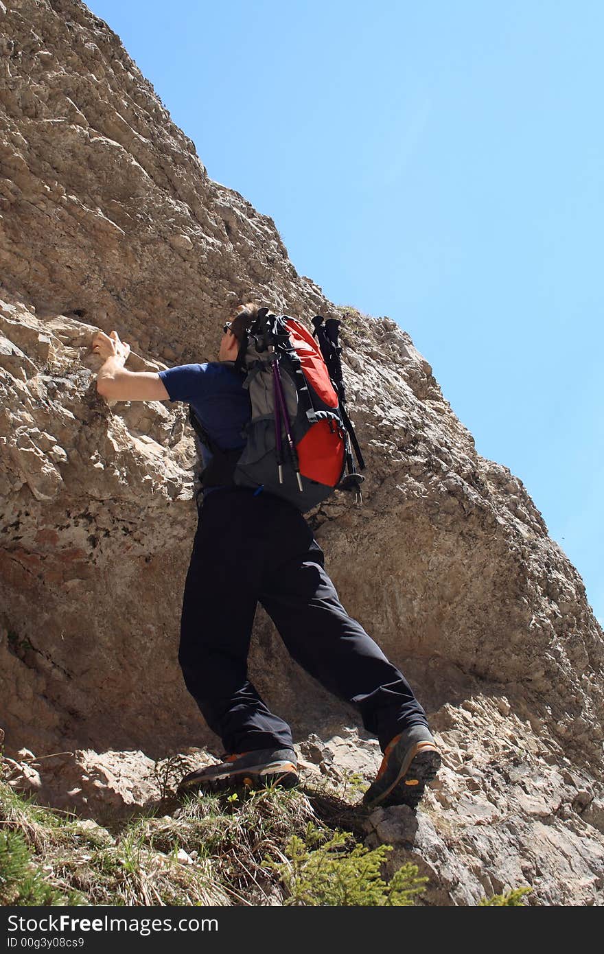 Climbing up a rock in the Dolomites. Climbing up a rock in the Dolomites