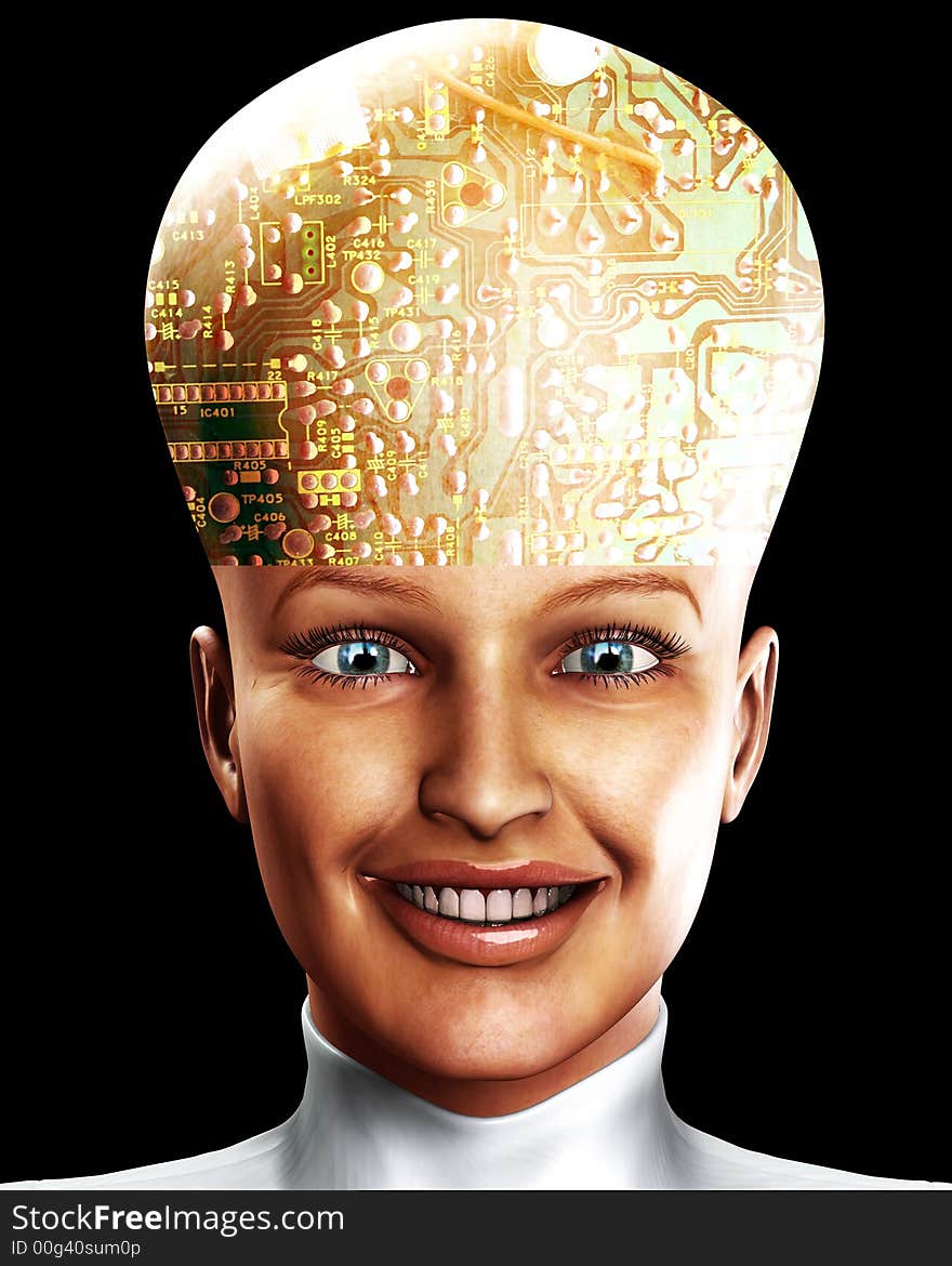 An conceptual image of a cyborg women who is very clever, we can tell this by the big head with an added circuitbored effect. An conceptual image of a cyborg women who is very clever, we can tell this by the big head with an added circuitbored effect.