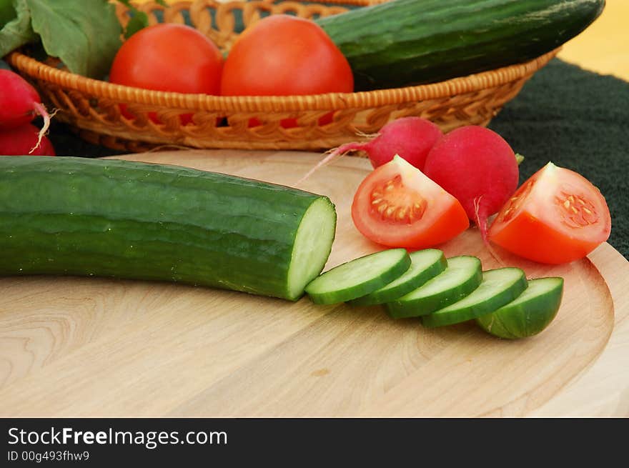 Cucumber, tomato and another vegetables. Cucumber, tomato and another vegetables.