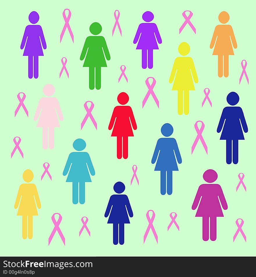 Scattered pink ribbon and multi colored women. Scattered pink ribbon and multi colored women