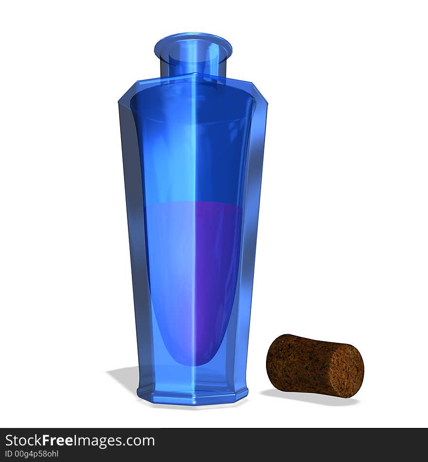 An opened blue perfume bottle with cork. Isolated on a white background. An opened blue perfume bottle with cork. Isolated on a white background.