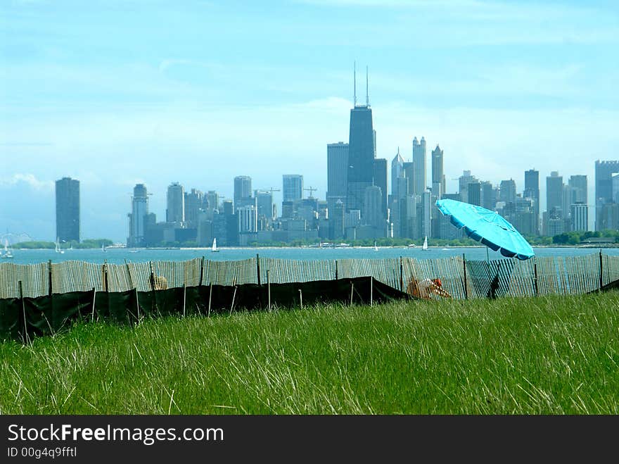 View to Chicago from Lake Shore Drive beach, IL. USA