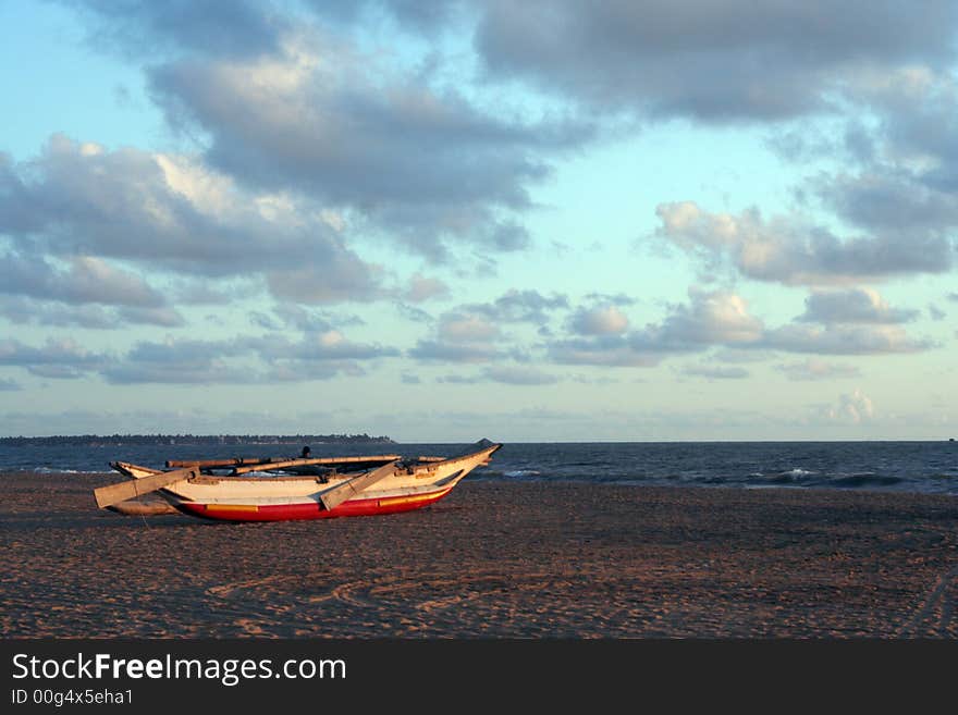 Tropical beach with palm tree & boats